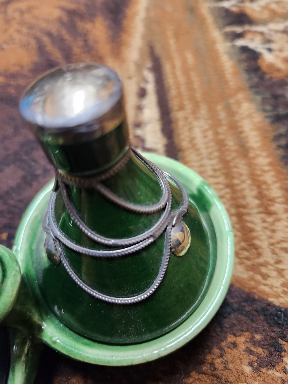 Vintage Moroccan Ceramic Double Mini Tagine Spice Holder - Green Glaze with Meta - Picture 6 of 7
